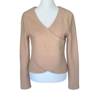 Zara Wrap Sweater Womens M Long Sleeve‎ Ribbed Knit Tan Crossover Neutral Soft